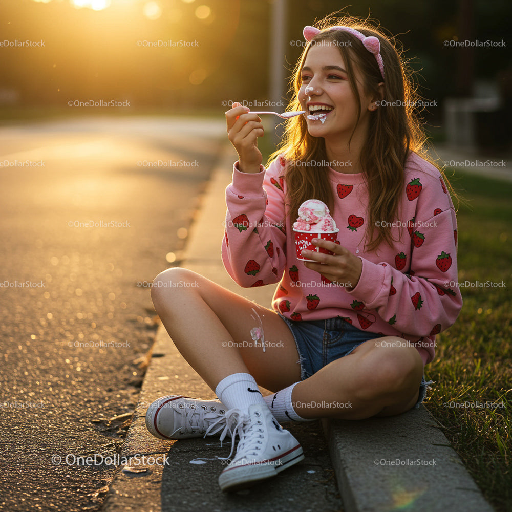 Young Woman Enjoying Ice Cream at Sunset in Pink Hoodie