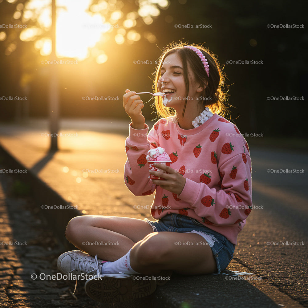 Young Woman Enjoying Ice Cream in Pink Strawberry Sweater