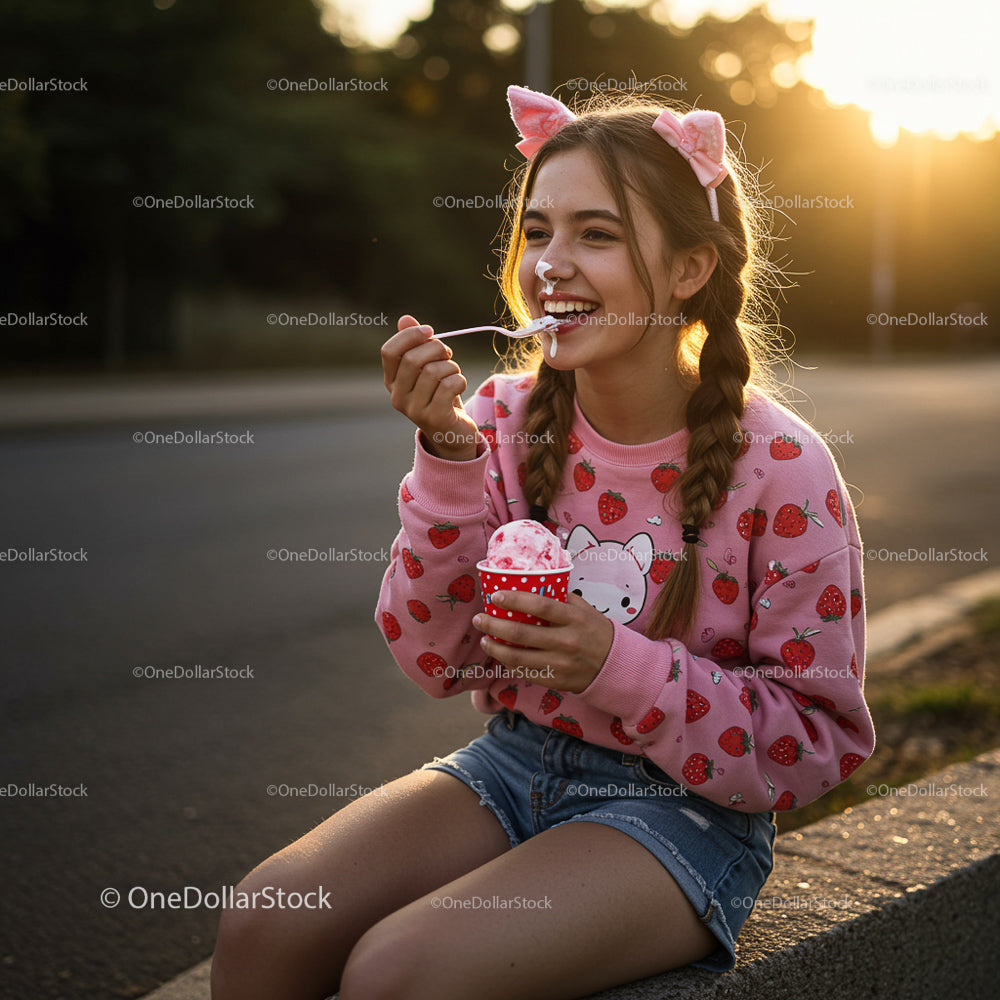 Young Girl Enjoying Ice Cream on a Sunny Evening