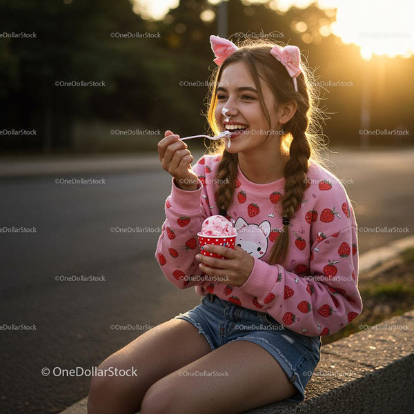 Young Girl Enjoying Ice Cream on a Sunny Evening