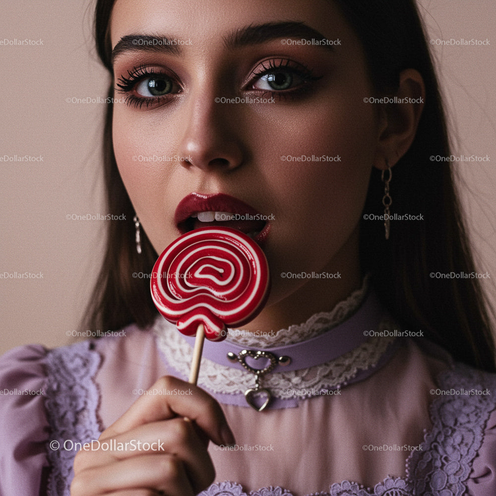 Young Woman with Red Lollipop in Vintage Attire