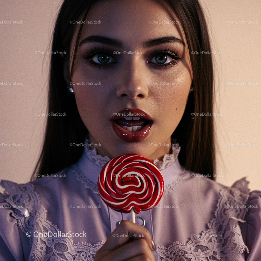 Brunette Woman with Red Lollipop in Lace Dress