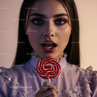 Brunette Woman with Red Lollipop in Lace Dress