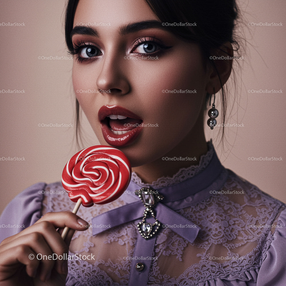 Elegant Woman with Red Swirl Lollipop