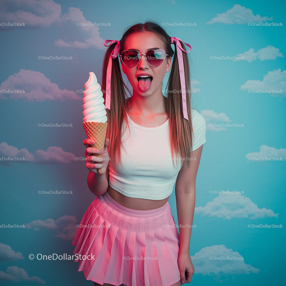 Playful Young Woman Enjoying Ice Cream with Summer Vibes