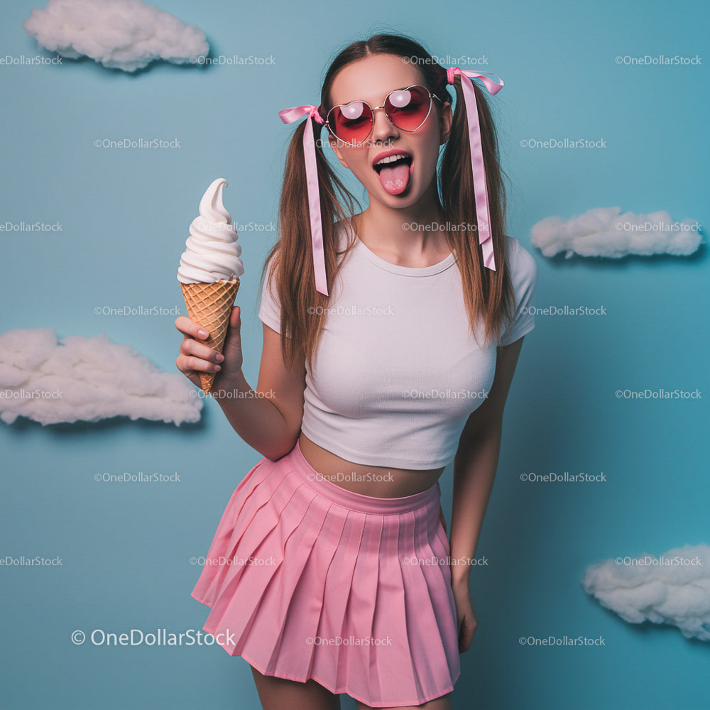Playful Young Woman with Ice Cream and Heart Sunglasses