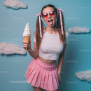 Playful Young Woman with Ice Cream and Heart Sunglasses