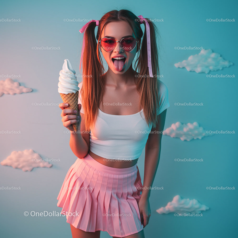 Playful Young Woman with Ice Cream Against a Cloudy Backdrop