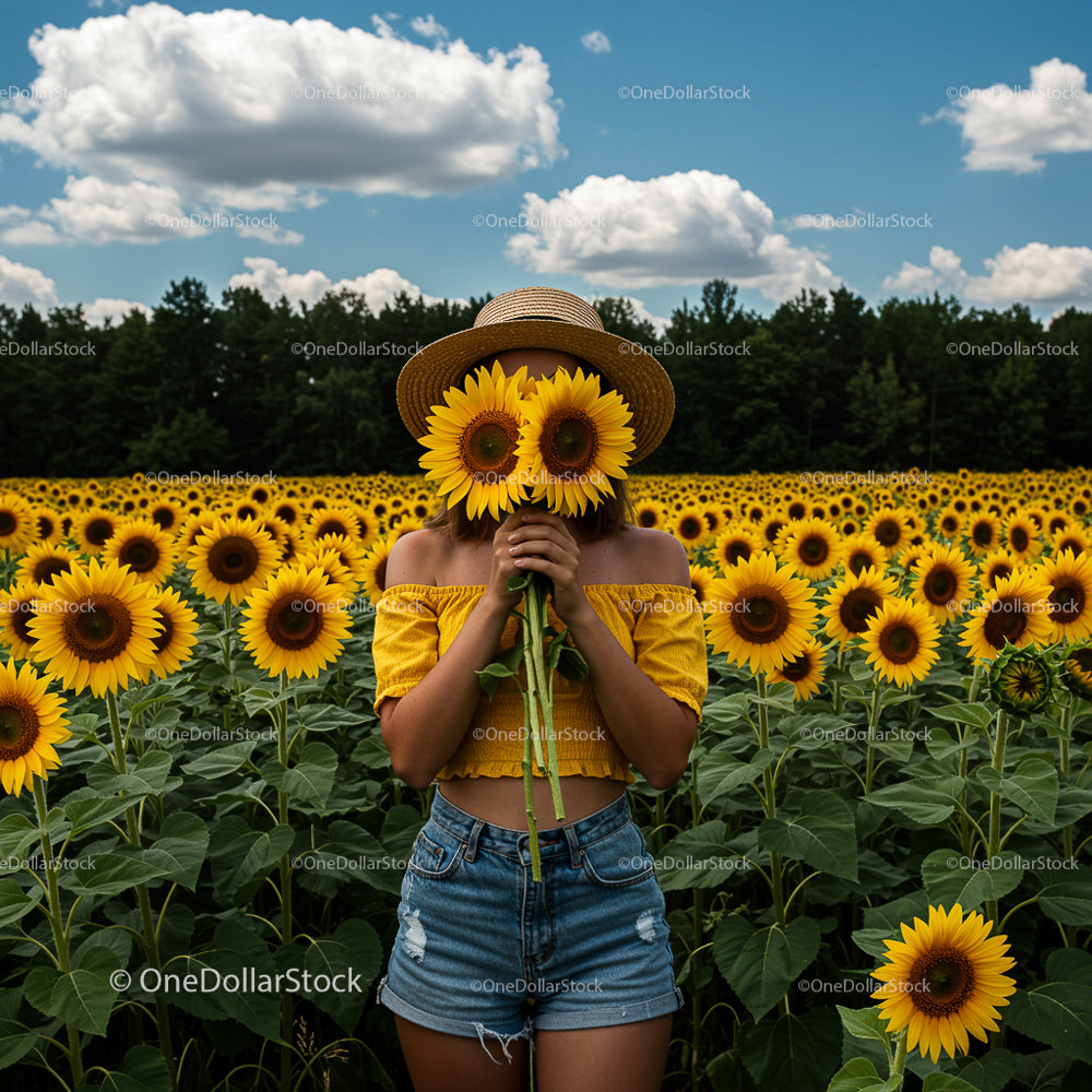 Smiling Woman in Sunflower Field Wearing Straw Hat
