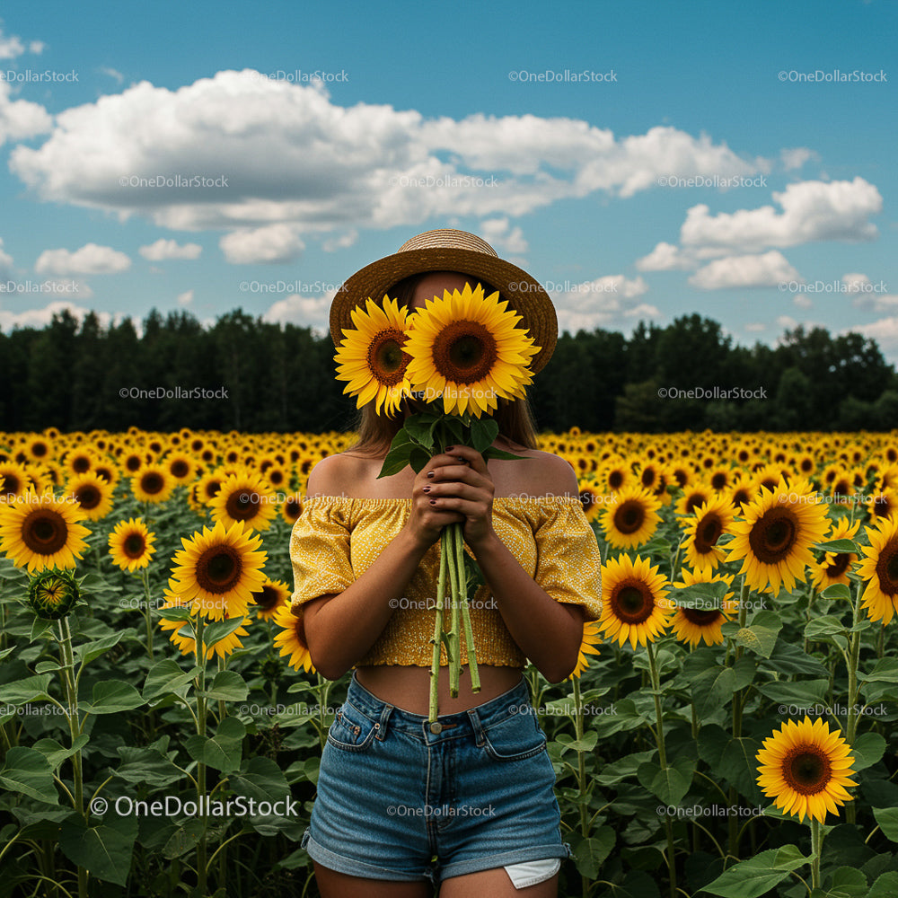 Woman with Sunflowers in a Vibrant Field on a Sunny Day