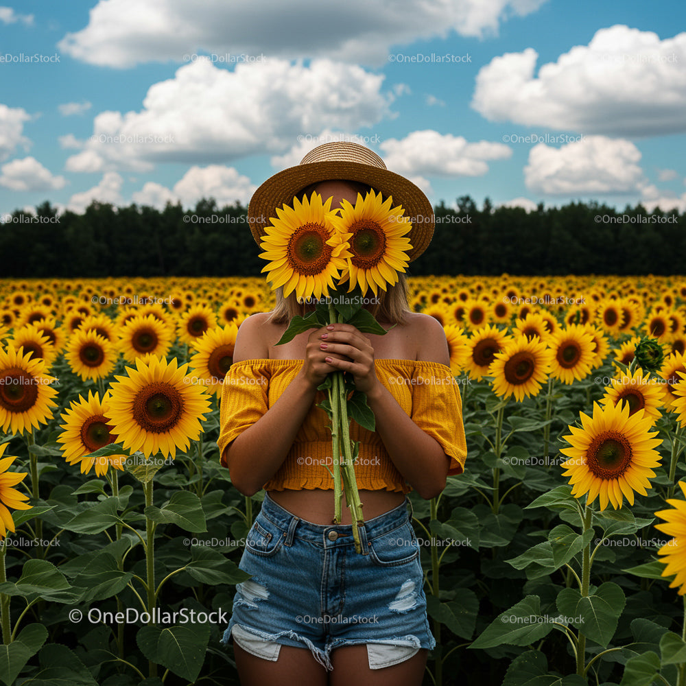 Woman in Straw Hat Hiding Face with Sunflowers in Field