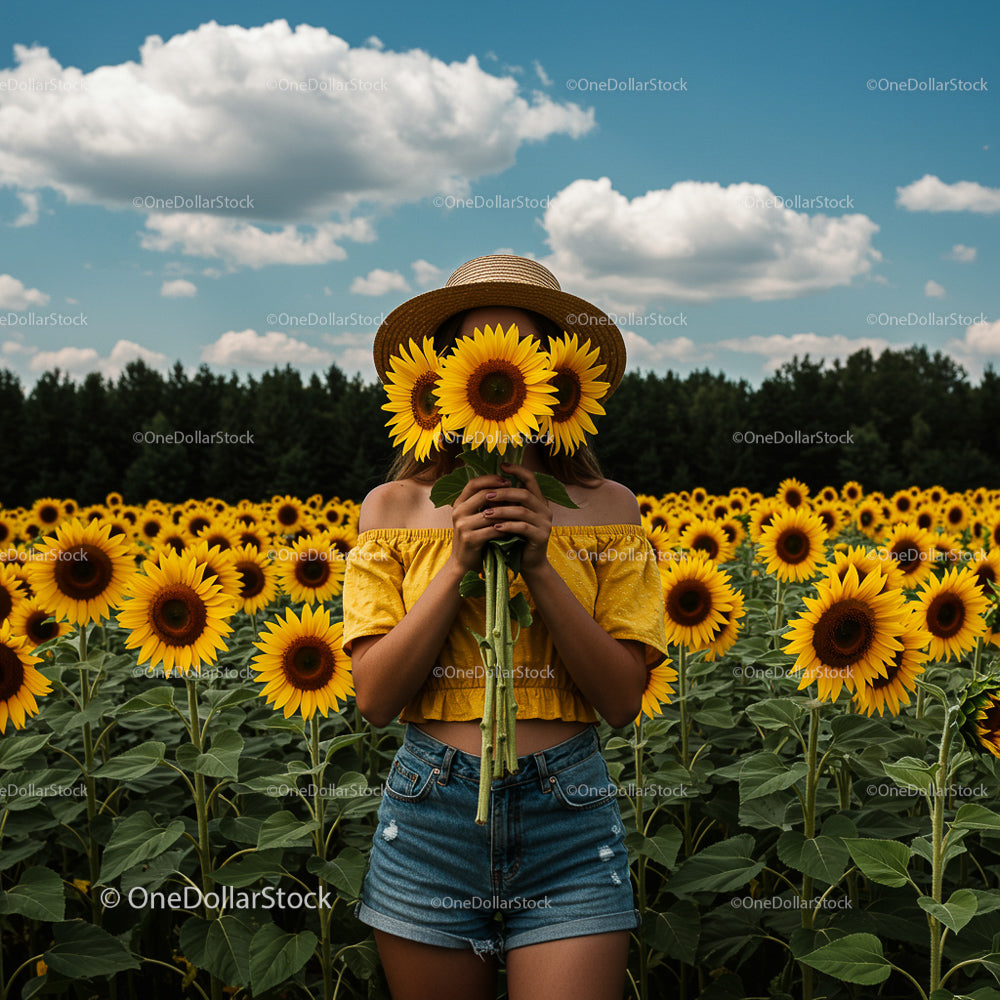 Woman in a Sunflower Field on a Sunny Day