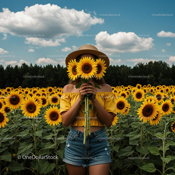 Woman in a Sunflower Field on a Sunny Day
