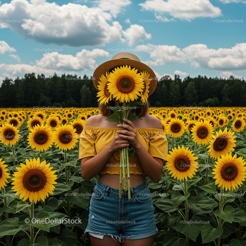 Woman in Sunflower Field on a Sunny Day