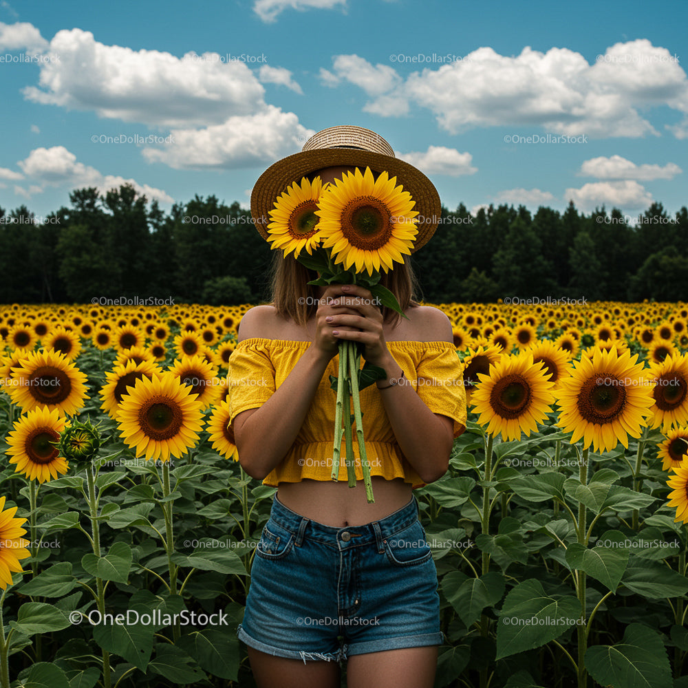 Woman in Sunflower Field Hiding Face Behind Blossoms