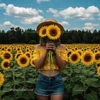 Woman in Sunflower Field Hiding Face Behind Blossoms