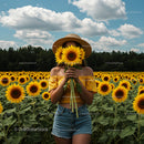 Woman in Straw Hat Holding Sunflower in Vibrant Field