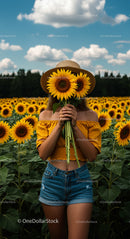 Woman in Sunflower Field Holding Blooms on a Sunny Day