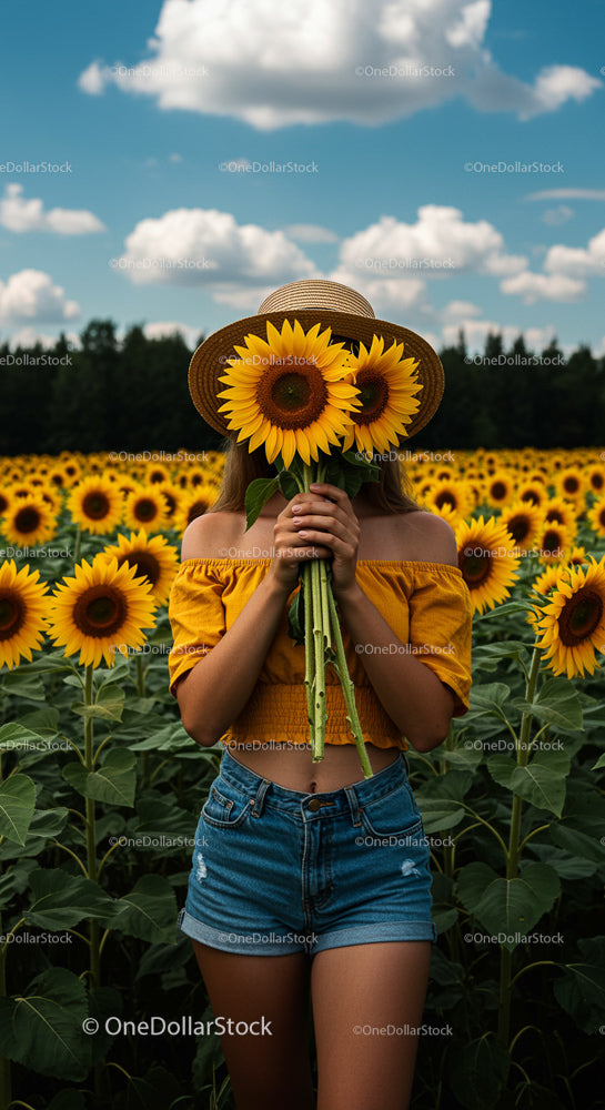 Woman in Sunflower Field Holding Blooms on a Sunny Day