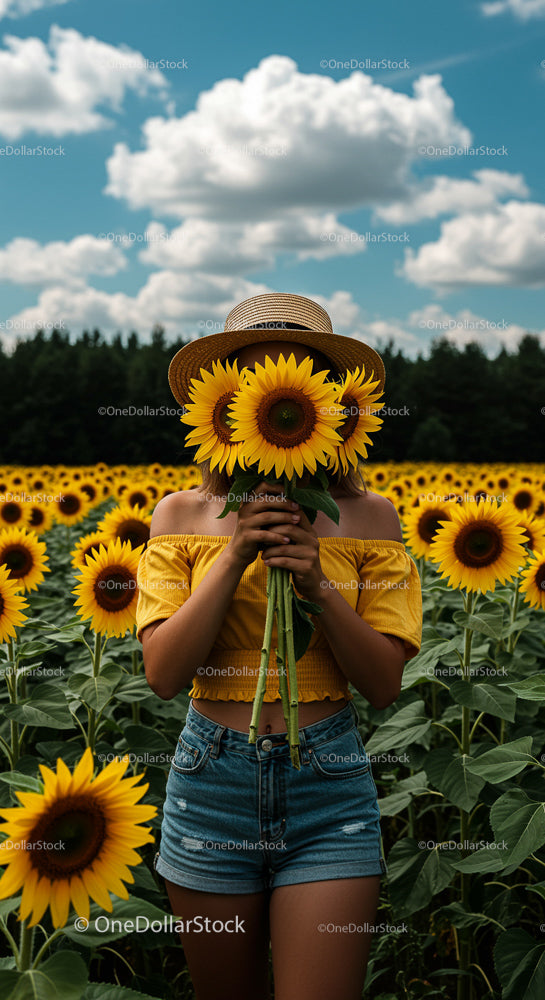 Sunflower Field with Woman in Yellow Top