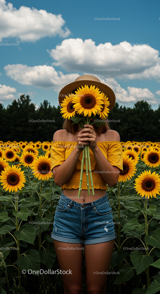 Woman in Sunflower Field Hiding Face with Bouquet