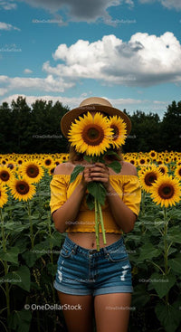 Woman in Straw Hat Holding Sunflowers in Blooming Field