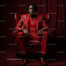 Stylish Man in Red Suit Sitting on Leather Chair