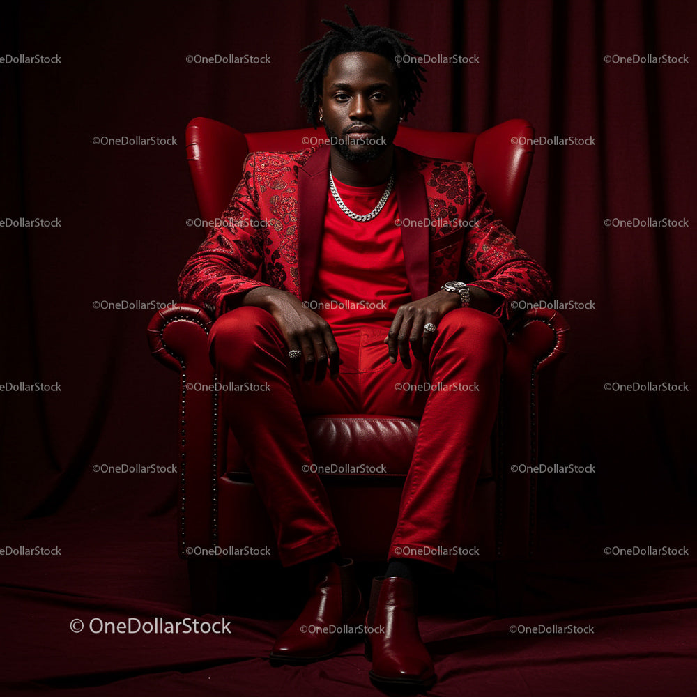 Elegant Man in Red Suit Seated in Luxurious Armchair