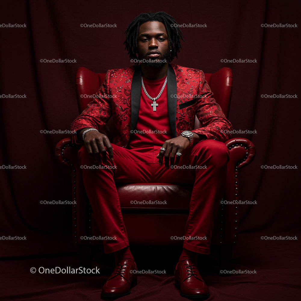 Stylish Man in Red Suit Seated on Leather Armchair