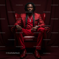 Stylish Man in Red Suit Seated on Leather Armchair
