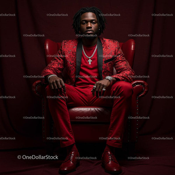 Stylish Man in Red Suit Seated on Leather Armchair