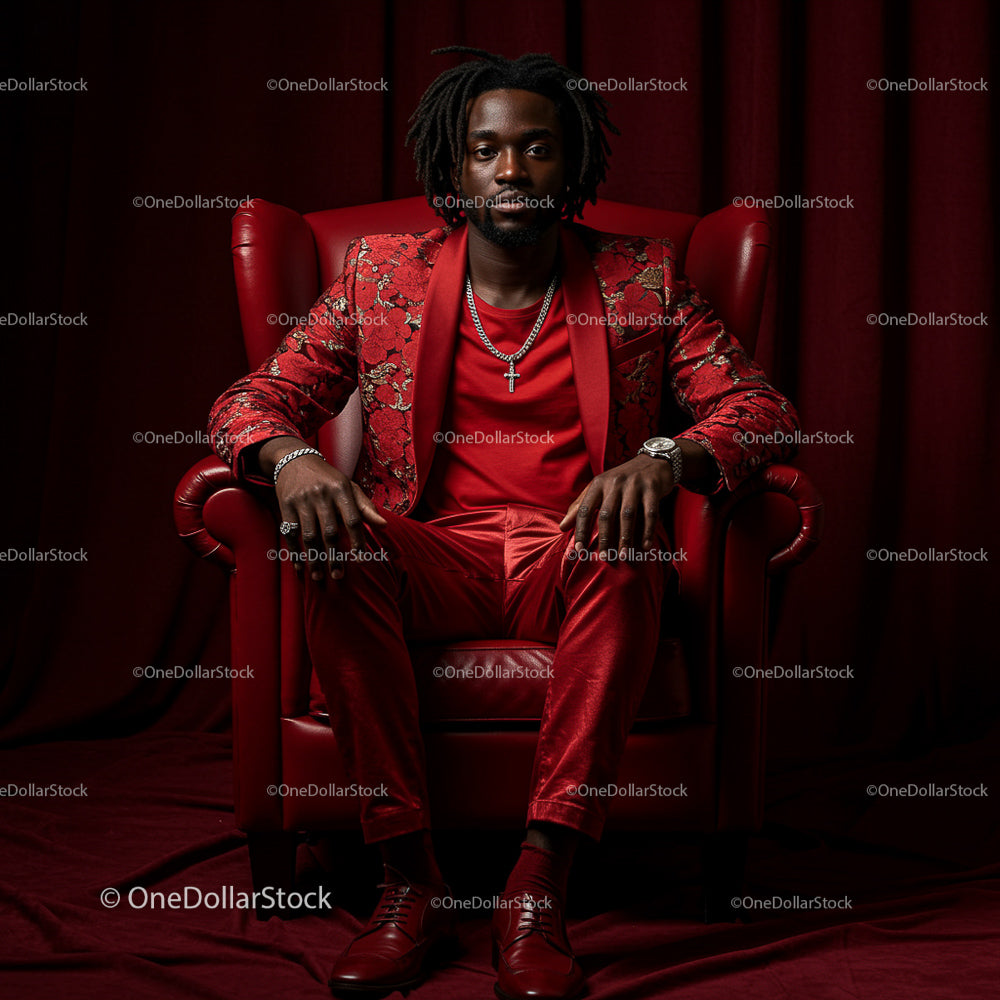 Elegant Man in Red Suit Seated in Luxurious Velvet Chair