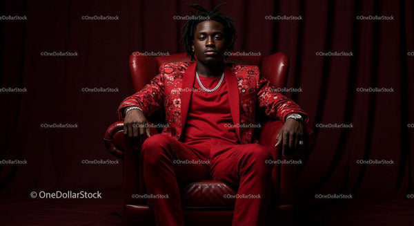 Confident Man in Elegant Red Suit Sitting in Leather Chair