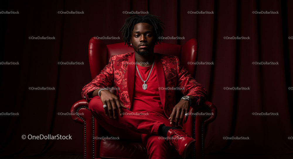 Man in Red Suit Sitting Confidently in Elegant Armchair