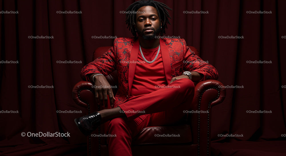 Confident Man in Elegant Red Suit on Leather Armchair