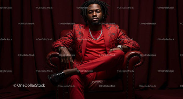 Confident Man in Elegant Red Suit on Leather Armchair