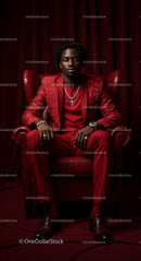 Stylish Man in Red Suit Sitting in Luxurious Armchair