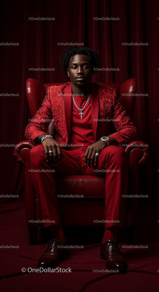 Stylish Man in Red Suit Sitting in Luxurious Armchair