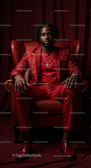 Stylish Man in Red Suit Sitting on Elegant Armchair