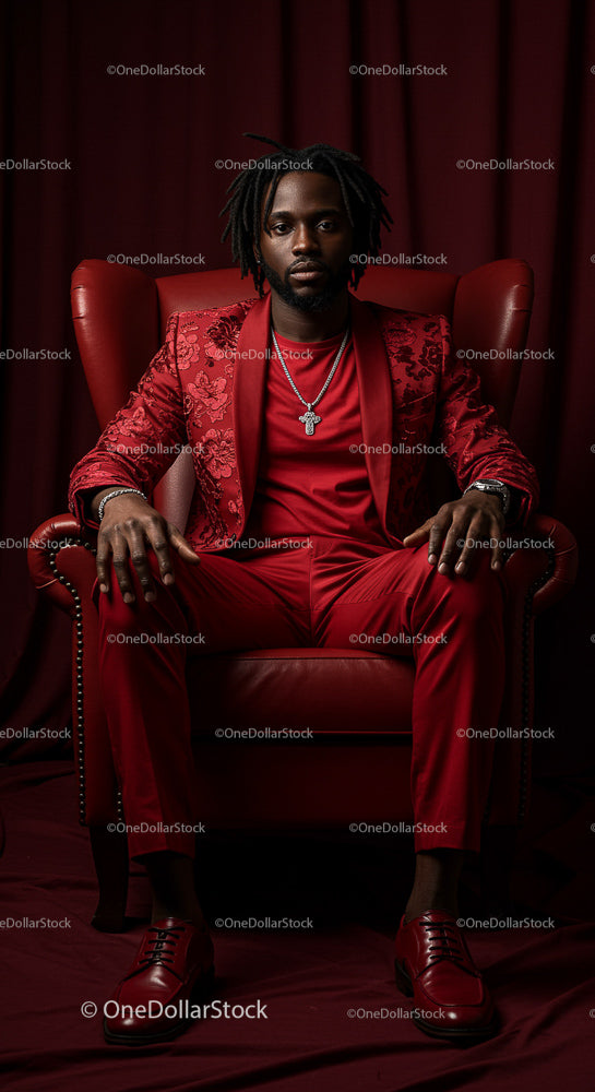 Stylish Man in Red Suit Sitting on Elegant Armchair