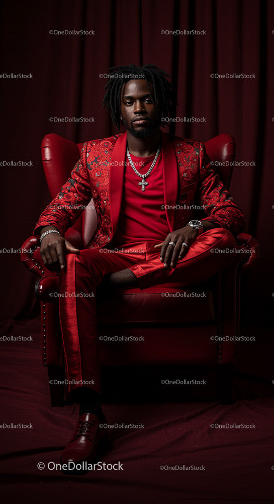 Stylish Man in Red Suit Sitting on Velvet Chair