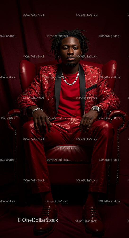 Stylish Man in Red Suit Sitting in Leather Armchair