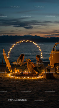 Couple with Golden Retriever Enjoying Cozy Beach Evening