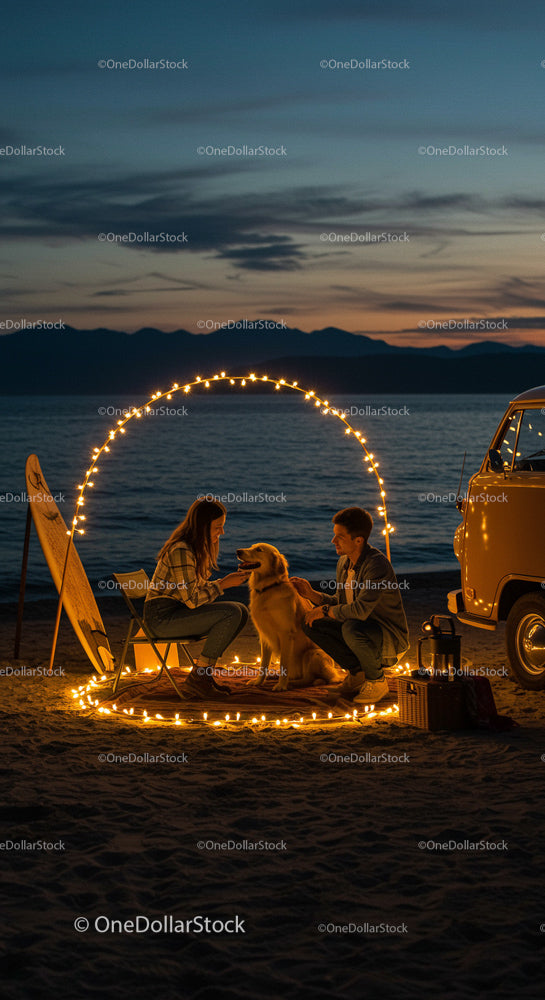 Couple with Golden Retriever Enjoying Cozy Beach Evening