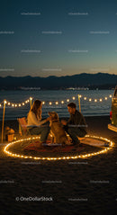 Couple Relaxing with Dog Under Starry Beach Night