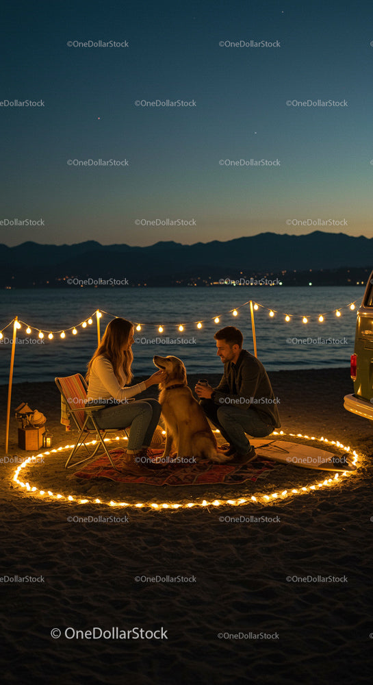 Couple Relaxing with Dog Under Starry Beach Night