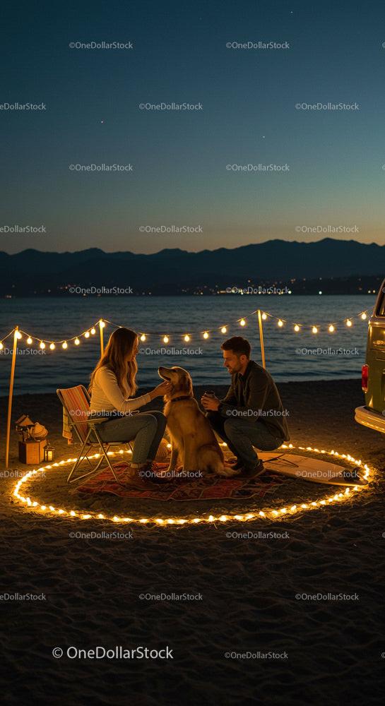 Couple Relaxing with Dog Under Starry Beach Night