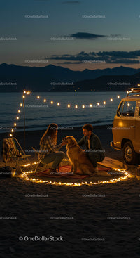 Cozy Beach Camping with Dog Under Night Sky