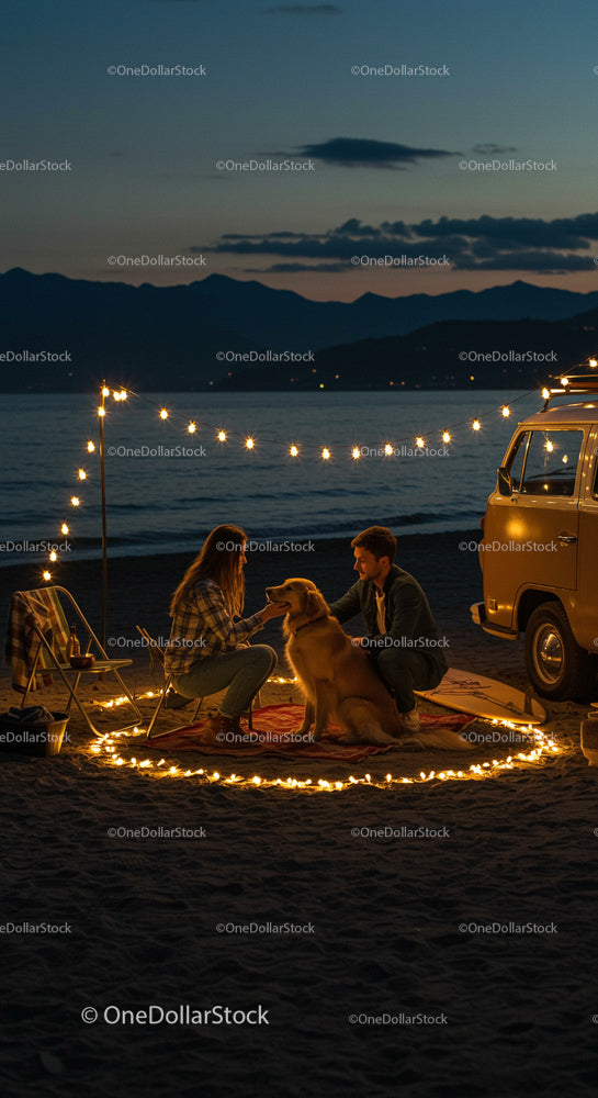 Cozy Beach Camping with Dog Under Night Sky