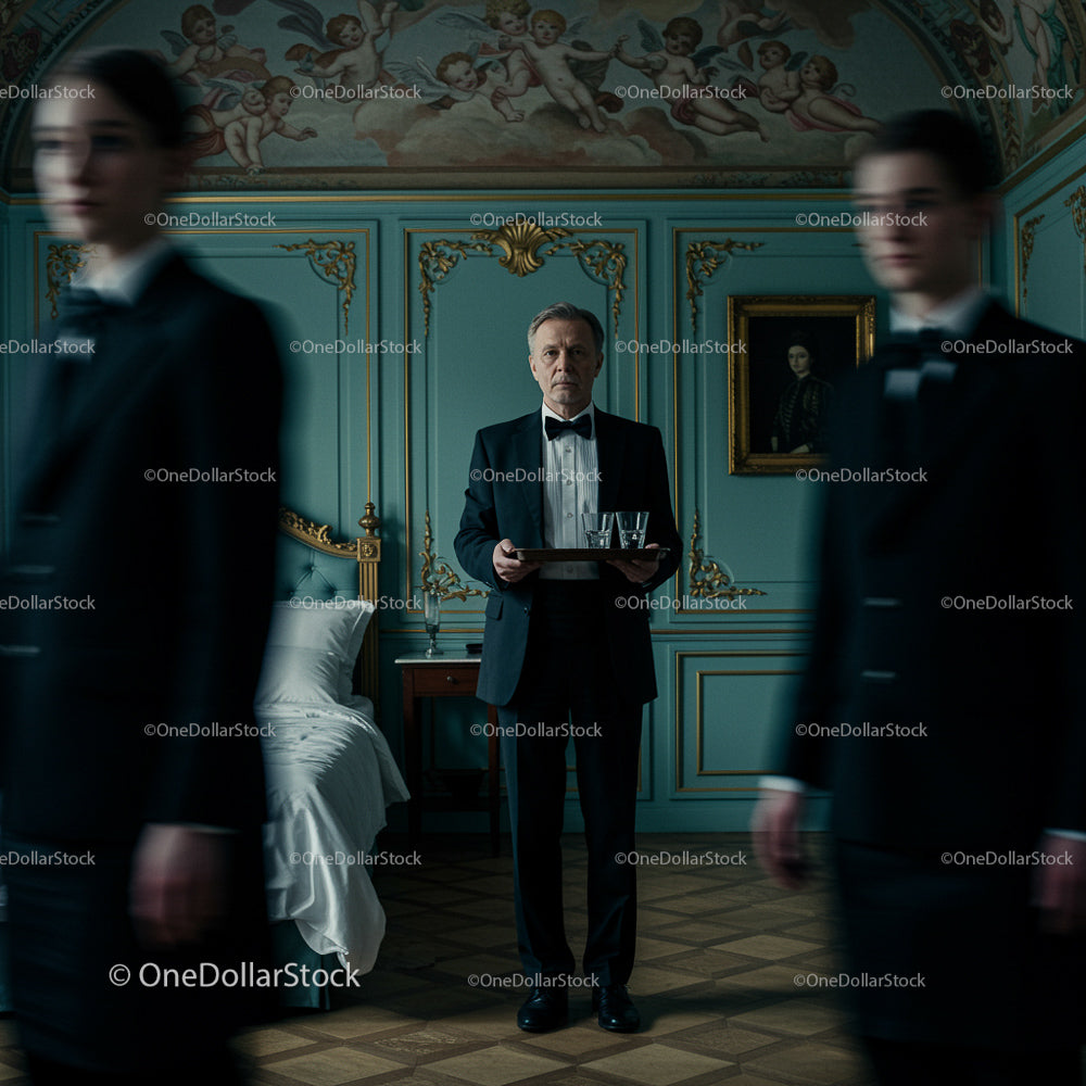 Sophisticated Waiter in Elegant Hotel Room Setting